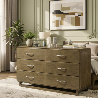 Sunvega Modern Six-Drawer Dresser with Nutmeg Wood Finish and Matte Nickel Hardware