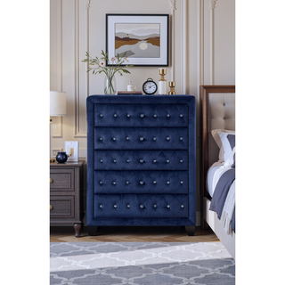 Sunvega Sophia Cream Velvet Upholstered Crystal Tufted 5-Drawer Chest for Bedroom