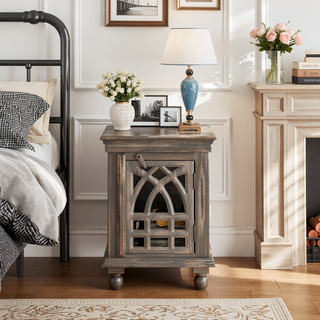 Sunvega Antique Grey Wood Nightstand with Carved Pattern for Bedroom
