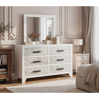Sunvega White Rubberwood Nightstand with Faux Marble Inset and Black Bar Pulls