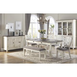 Sunvega Antique White Finish Wooden Bench with Gray Textured Fabric Upholstered Seat