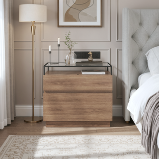 Sunvega LED Nightstand with Drawers, Glass Top and Wooden Surface for Bedroom