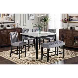 Sunvega Transitional Dining Table with Faux White Marble Top and Black Wood Base