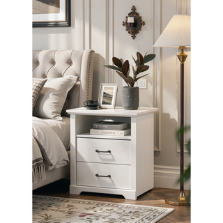 Sunvega White 2-Drawer Nightstand with USB Charging Ports and Open Shelf