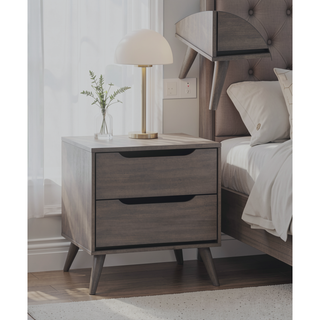 Sunvega Mid-Century Modern Black Solid Wood Nightstand with 2 Drawers and Round Tapered Legs