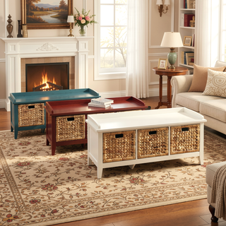 Sunvega Beige and Teal Storage Bench with Three Spacious Rattan Drawer Baskets