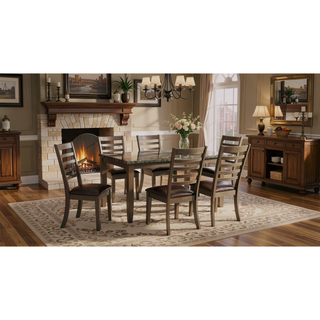 Sunvega Transitional Brown 7pc Dining Set With Faux Marble Top And Leatherette Chairs