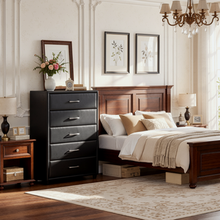 Sunvega Black Faux Leather Chest with 5 Smooth Gliding Drawers on Tapered Legs