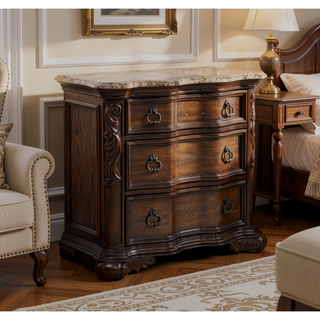 Sunvega Traditional Formal Style Nightstand with Genuine Marble Top and Three Drawers