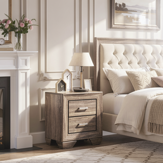 Sunvega Washed Taupe 2-Drawer Rectangular Nightstand with Sturdy Wooden Frame