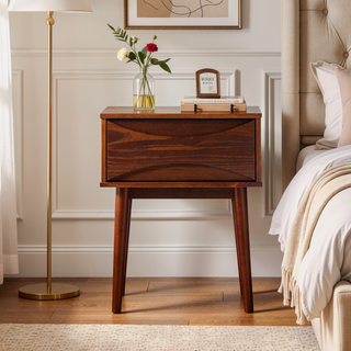 Sunvega Mid-Century Modern Walnut Nightstand with Curved Drawer and Tapered Legs
