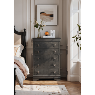 Sunvega Modern Metallic Gray Wood 5-Drawer Chest with Textured Surface and Crystal Knobs