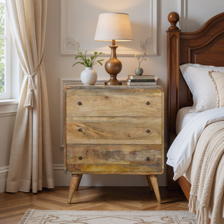 Sunvega Curved Oak-ish 3-Drawer Chest with Nordic Legs in Light Brown