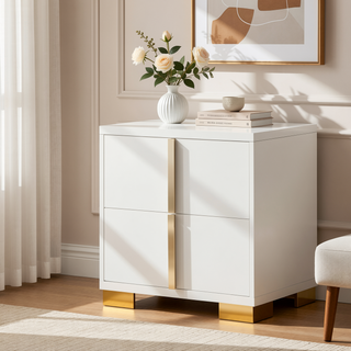 Sunvega Art Deco Nightstand with Two Drawers and Gold Metal Hardware for Bedroom