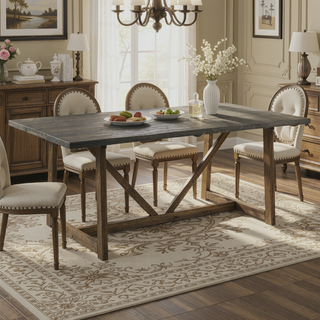 Sunvega Modern Farmhouse Solid Wood Trestle Dining Table in Grey Brown