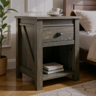 Sunvega Rustic Farmington Nightstand with Drawer and Open Cubby for Bedroom