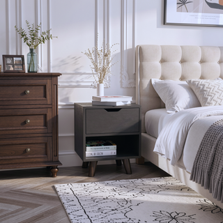 Sunvega Modern Nightstand with Open Shelf and Drawer on Wooden Legs