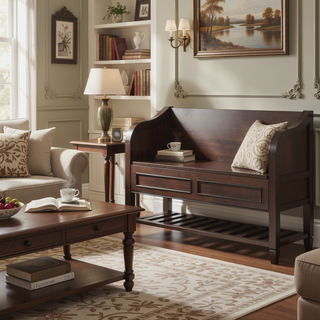 Sunvega Solid Wood Storage Bench with Shelf and Dark Chestnut Brown Stain