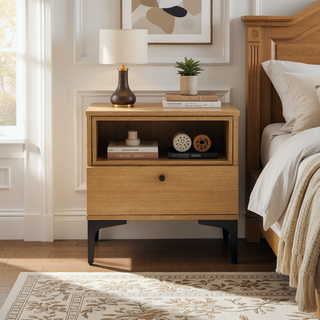 Sunvega Modern Light Oak Nightstand with Drawer and Shelf for Bedroom