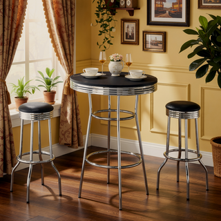 Sunvega Retro Chrome Rim Round Bar Table with Footrest for Vintage Soda Fountain