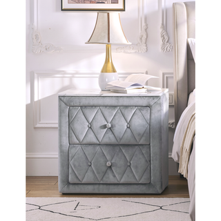 Sunvega Oval Faux Marble Top Nightstand with Two Drawers and Button Tufted Black Fabric