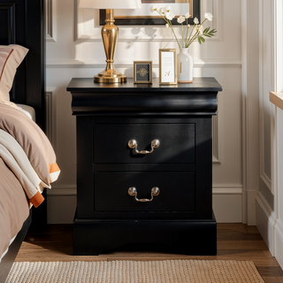 Sunvega Black Nightstand with Two Dovetail Drawers and Metal Handles
