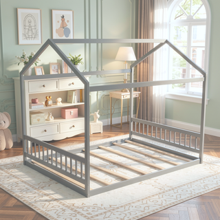 Sunvega Queen Size White House Shaped Bed with Headboard Made of Pine Wood