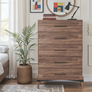 Sunvega Walnut Finish Five Drawer Chest with Antique Bronze Hardware and Metal X Base