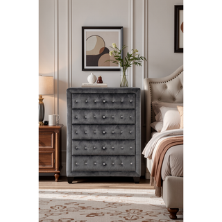 Sunvega Sophia Cream Velvet Upholstered Crystal Tufted 5-Drawer Chest for Bedroom