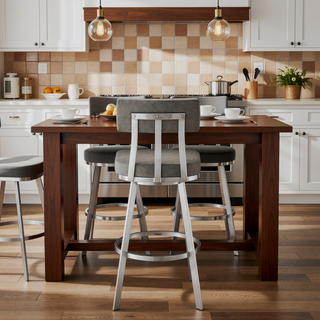 Sunvega 30 Inch Swivel Bar Stool with Gray Faux Leather Upholstery and Brushed Stainless Steel