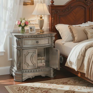 Sunvega Antique Champagne Finish Nightstand with Drawer and Cabinet for Bedroom