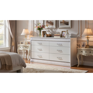 Sunvega Glam Modern White Wood Dresser with Crystal Accents and Integrated LED Lighting