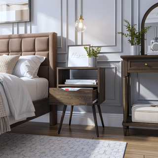 Sunvega Modern Dark Walnut Nightstand with Spacious Drawer and Open Shelf for Bedroom