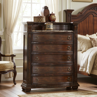 Sunvega Traditional Dark Walnut Wood Chest with Five Drawers and Metal Handles