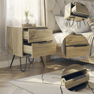 Sunvega Light Oak Nightstand with Two Drawers and Hairpin Metal Legs