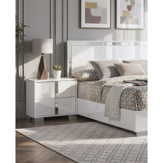 Sunvega White Modern Nightstand with Chrome Legs and UV Finish for Master Bedroom