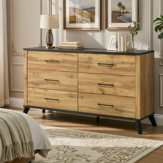 Sunvega Mid-Century Modern 6-Drawer Dresser with Rustic Pine Finish