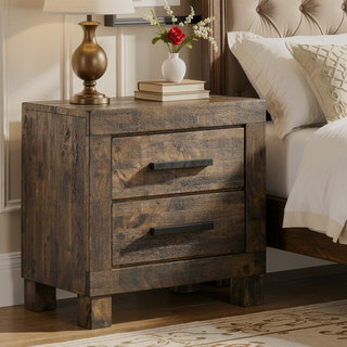 Sunvega Rustic Golden Brown Nightstand with Wooden Handles and Thick Block Feet