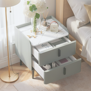 Sunvega Modern Nightstand with 2 Spacious Drawers and Marble-Pattern Tabletop