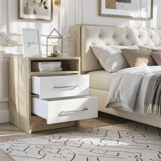 Sunvega Modern Nightstand with Two Spacious Drawers and Metal Handles for Bedroom