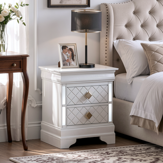 Sunvega Fully Assembled Pearl White Nightstand with Gold Handles and Faux Crystal