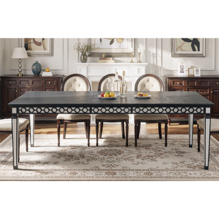 Sunvega Mirrored Black Finish Dining Table with Geometric Trim and Extension Leaf