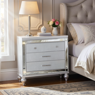 Sunvega Mirror Accented Modern Style Nightstand with Three Spacious Drawers in Silver