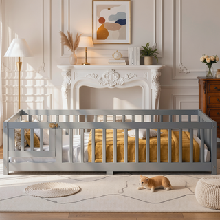 Sunvega Twin Size Floor Bed with Safety Guardrails and Door for Kids in Natural