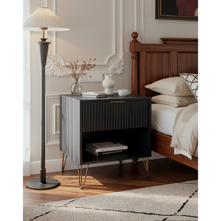 Sunvega Modern Glam Nightstand with Gold Metal Legs and Textured Drawer