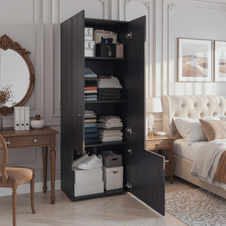 Sunvega Three-Door Freestanding Closet with Hanging Rod and Shelves for Bedroom