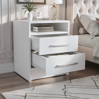 Sunvega White Modern Bedside Table with Spacious Drawers and Open Shelf