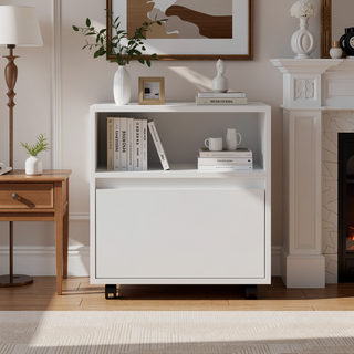 Sunvega Modern White Nightstand with Drawer and Casters for Bedroom Living Room