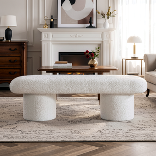 Sunvega Randolph Ivory Boucle Upholstered Bench with Sturdy Wood Frame