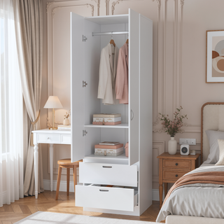 Sunvega Tall Mayer Wardrobe with Two Doors and Two Drawers in Melamine